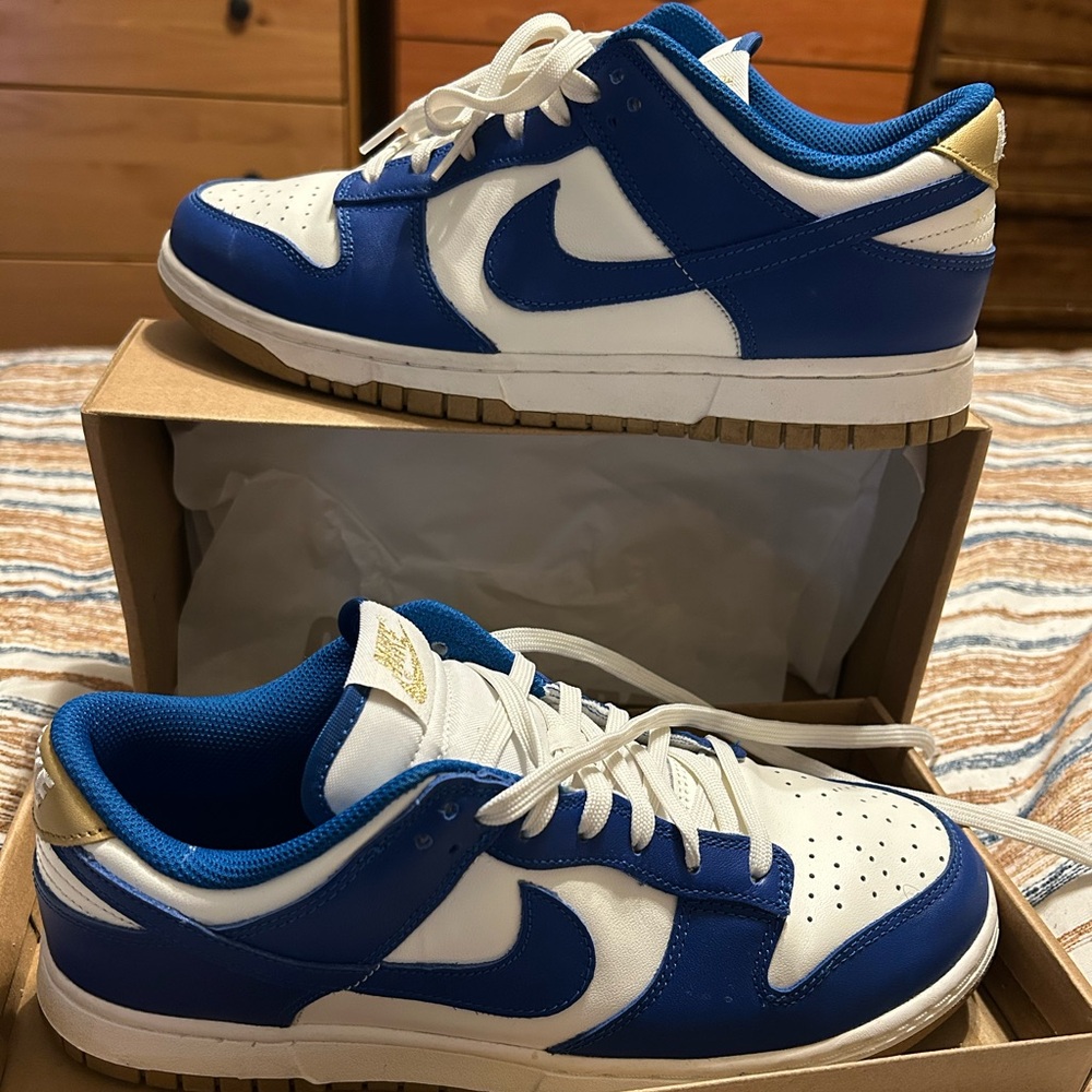 Nike Dunk Low Blue and White Sneakers with Gold Accents